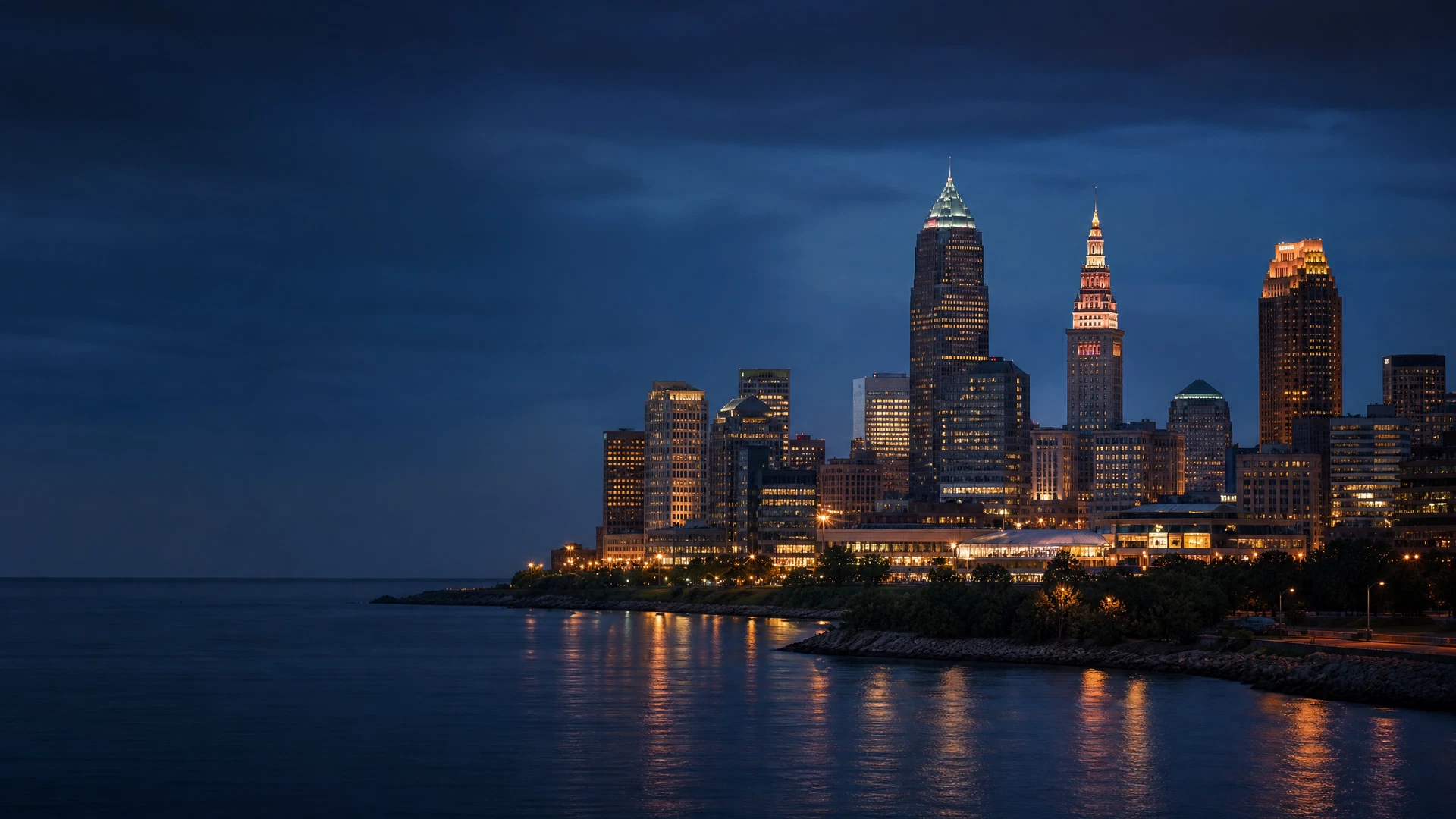 Downtown Cleveland skyline at evening